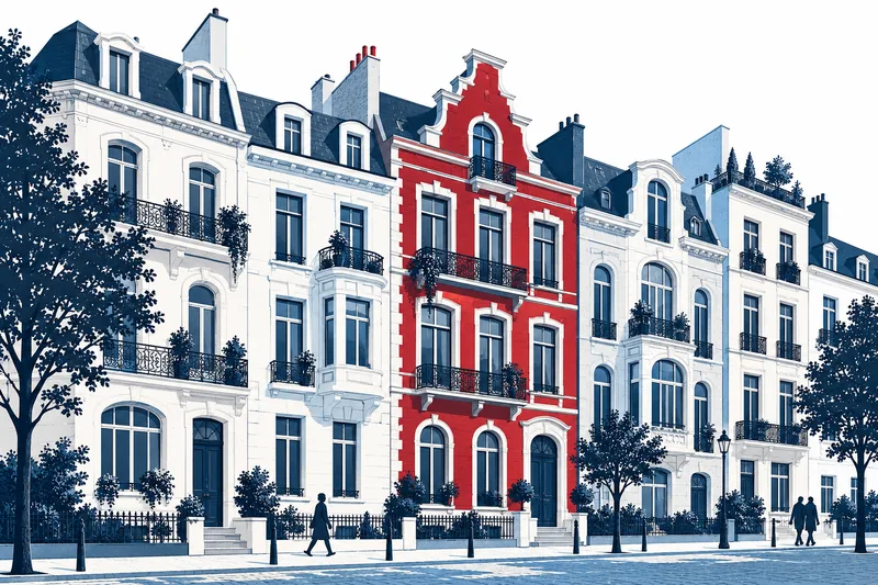 Illustration de façades bruxelloises, avec une maison rouge au milieu des tons bleu marine.